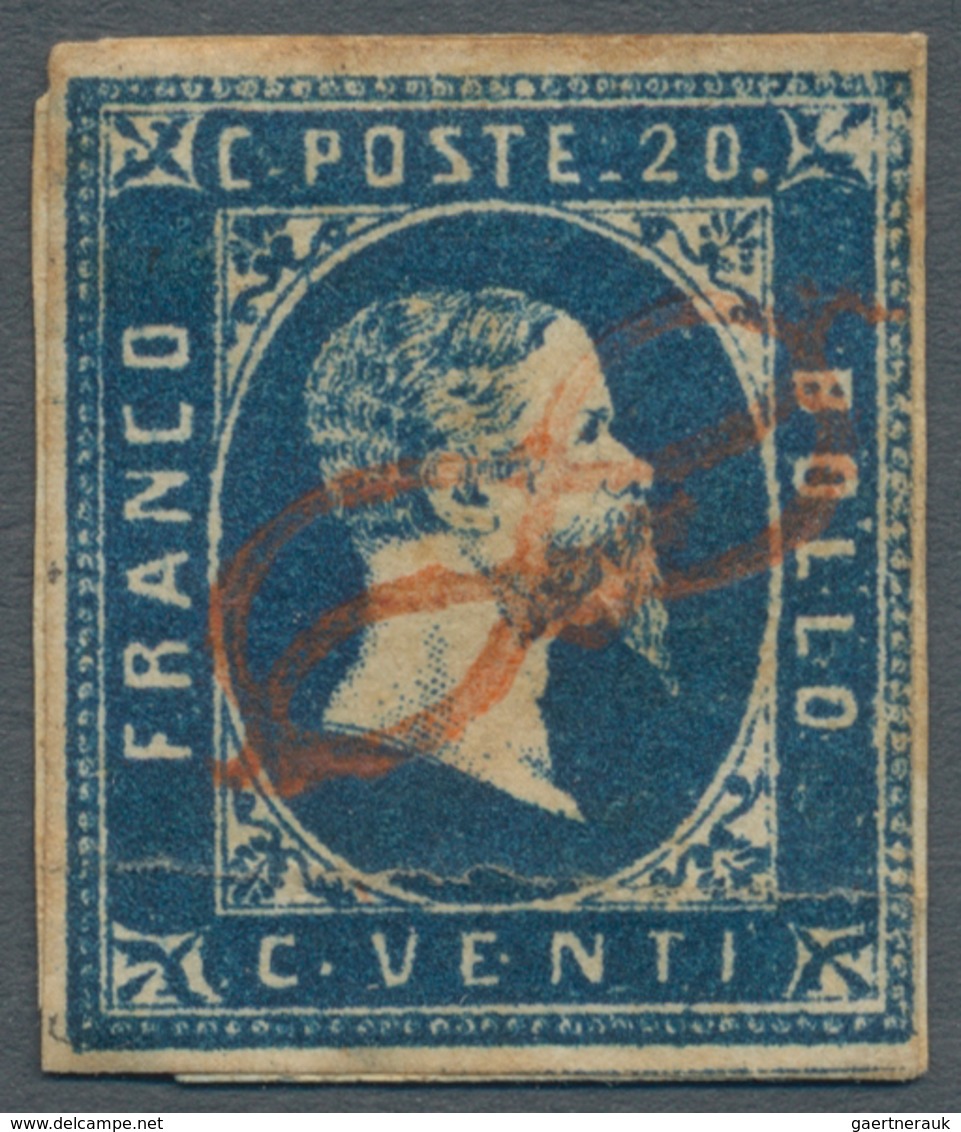 Italien - Altitalienische Staaten: Sardinien: 1851, 20 C. Blue, Small Margins, On Smallest Piece, Ca - Sardinië