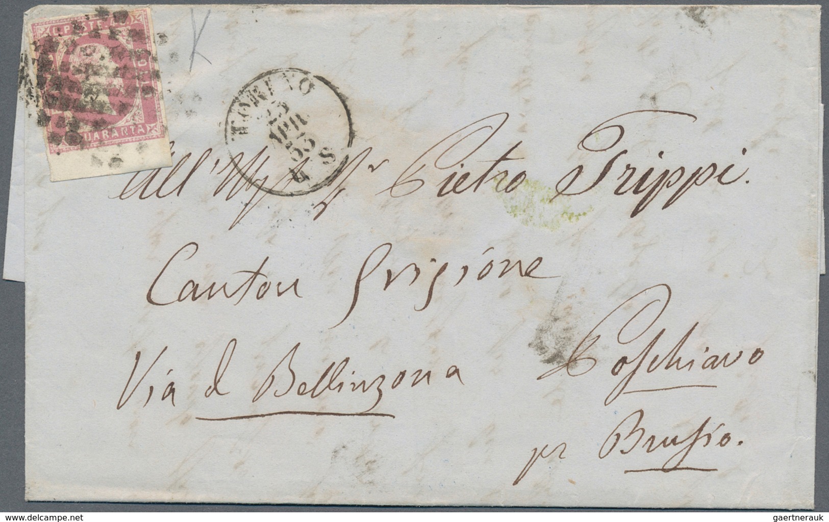 Italien - Altitalienische Staaten: Sardinien: 1851: 40 Cents Rose, From The Lower Margin Of The Shee - Sardaigne