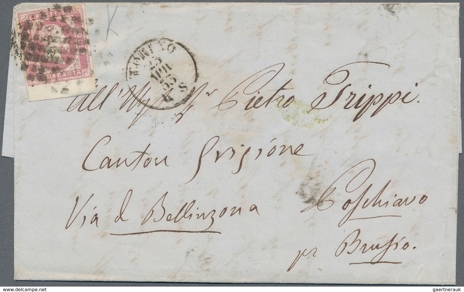 Italien - Altitalienische Staaten: Sardinien: 1851: 40 Cents Rose, From The Lower Margin Of The Shee - Sardinia