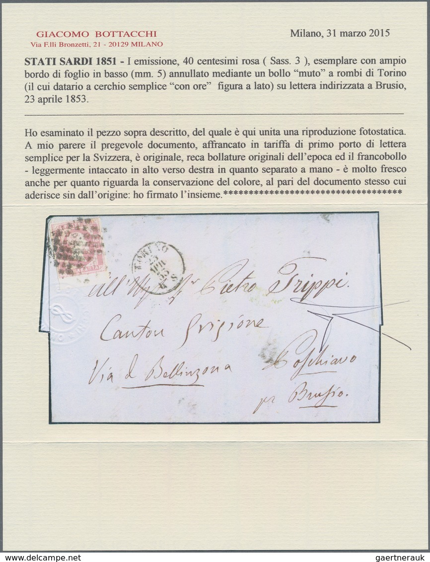 Italien - Altitalienische Staaten: Sardinien: 1851: 40 Cents Rose, From The Lower Margin Of The Shee - Sardaigne