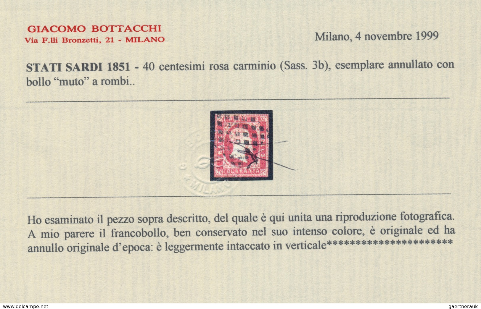 Italien - Altitalienische Staaten: Sardinien: 1851, 40 C Rose Carmine With Dotted Lozenge Cancel, Cu - Sardaigne