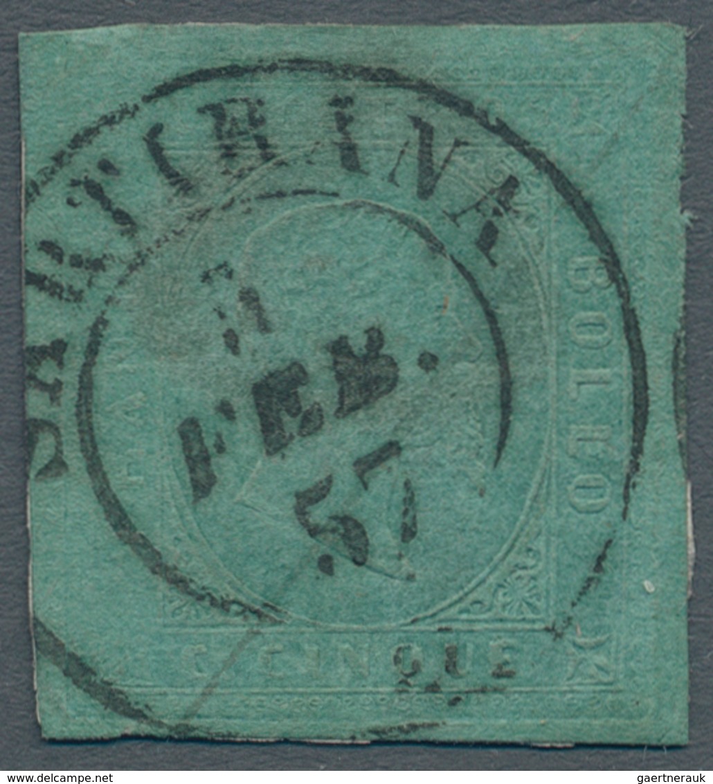 Italien - Altitalienische Staaten: Sardinien: 1853, 5 C. Green, Canceld By RARE Double Circle SARTIR - Sardaigne