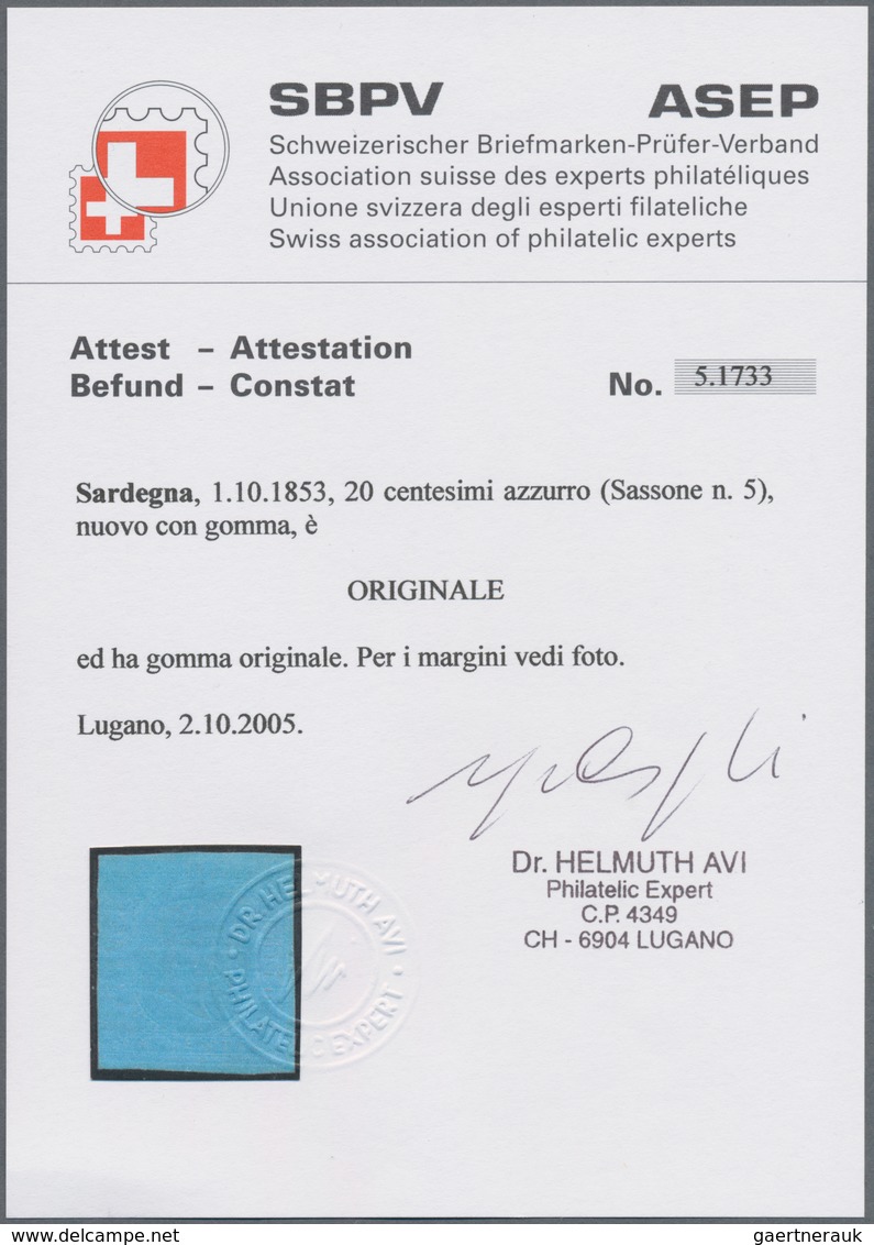 Italien - Altitalienische Staaten: Sardinien: 1853. 20 C Blue, Slightly Cut In At All Sides, Mint Wi - Sardaigne