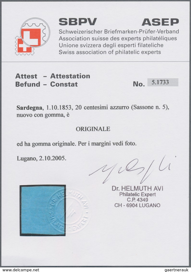 Italien - Altitalienische Staaten: Sardinien: 1853. 20 C Blue, Slightly Cut In At All Sides, Mint Wi - Sardinien