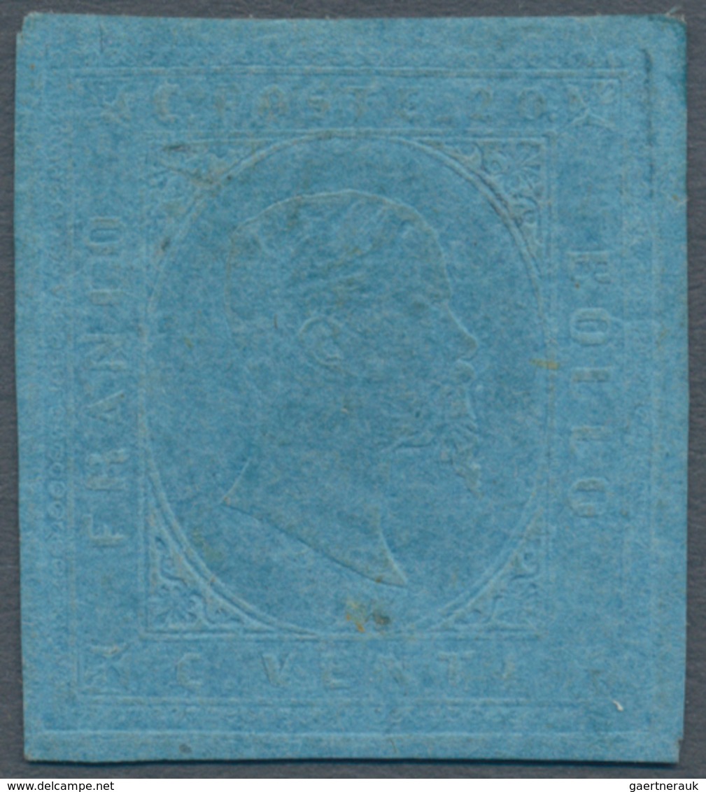 Italien - Altitalienische Staaten: Sardinien: 1853: 20 Centesimi Blue, MNH, Repaired In The Middle A - Sardaigne
