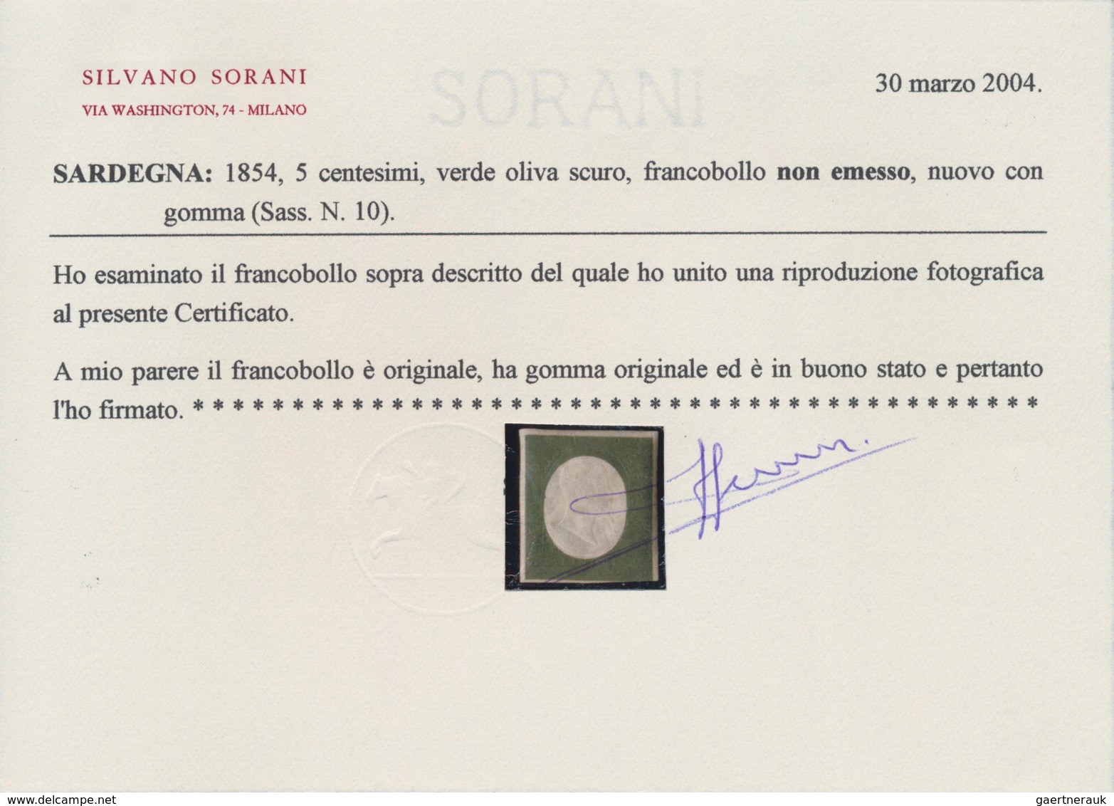 Italien - Altitalienische Staaten: Sardinien: 1854, 5 Cent. Dark Olive Green, Not Issued Stamp In Th - Sardaigne