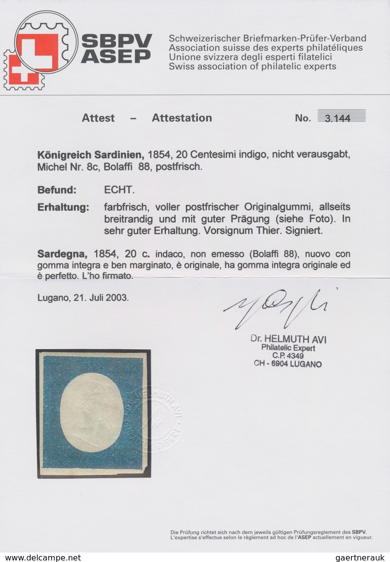 Italien - Altitalienische Staaten: Sardinien: 1854, 20 C. Indigo, Not Issued Stamp (color) In The De - Sardinien