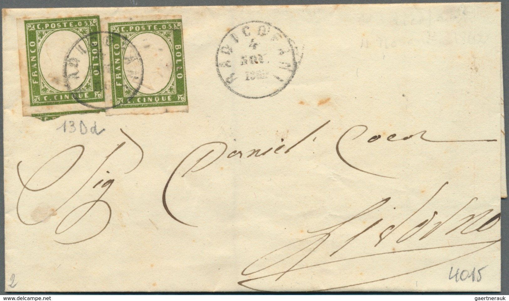 Italien - Altitalienische Staaten: Sardinien: 1862, 2 X 5 C Bronze-green, Each Stamp With Three Marg - Sardaigne