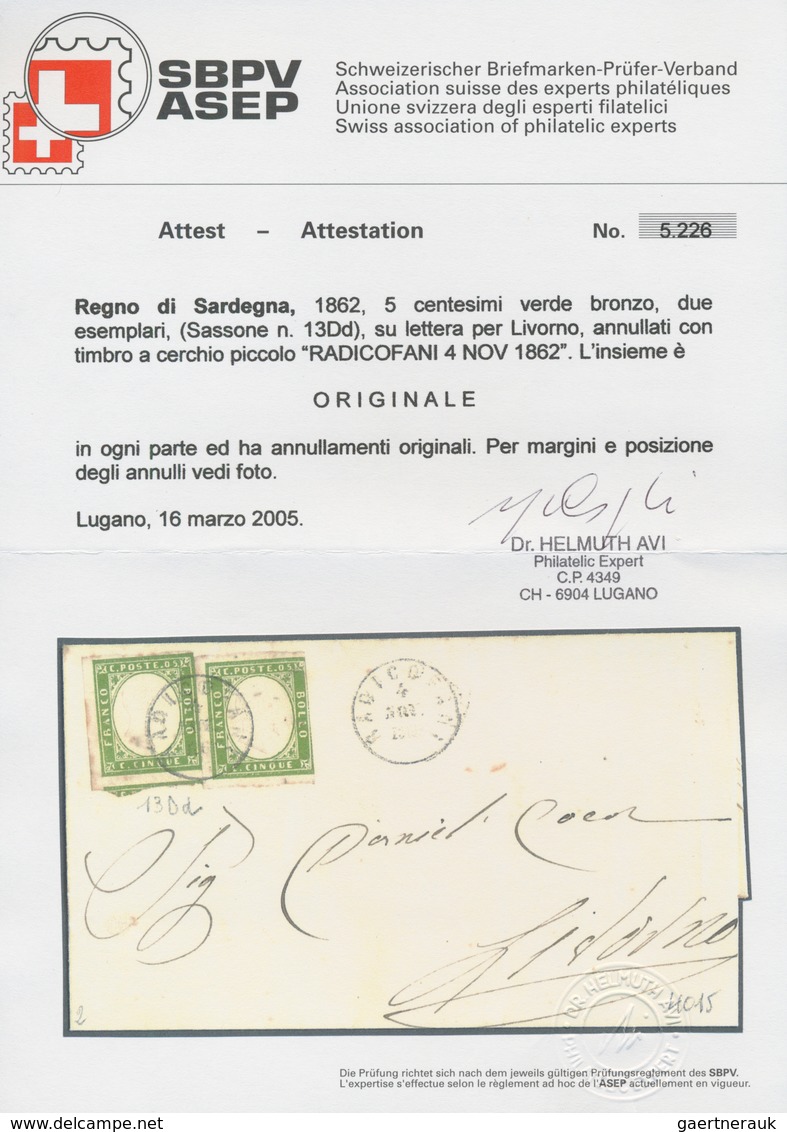 Italien - Altitalienische Staaten: Sardinien: 1862, 2 X 5 C Bronze-green, Each Stamp With Three Marg - Sardaigne