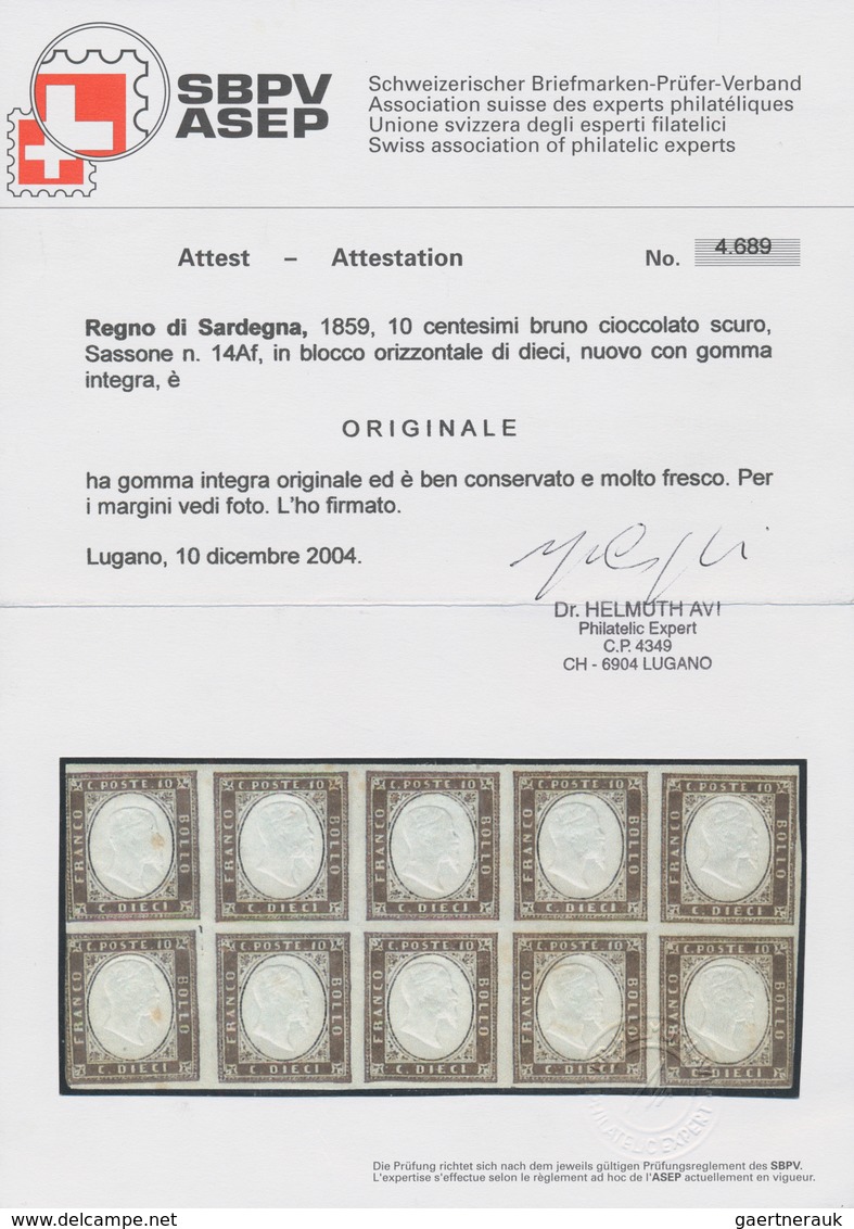 Italien - Altitalienische Staaten: Sardinien: 1859, 10c. Dark Chocolate Brown, Vertical Pair, Intens - Sardaigne