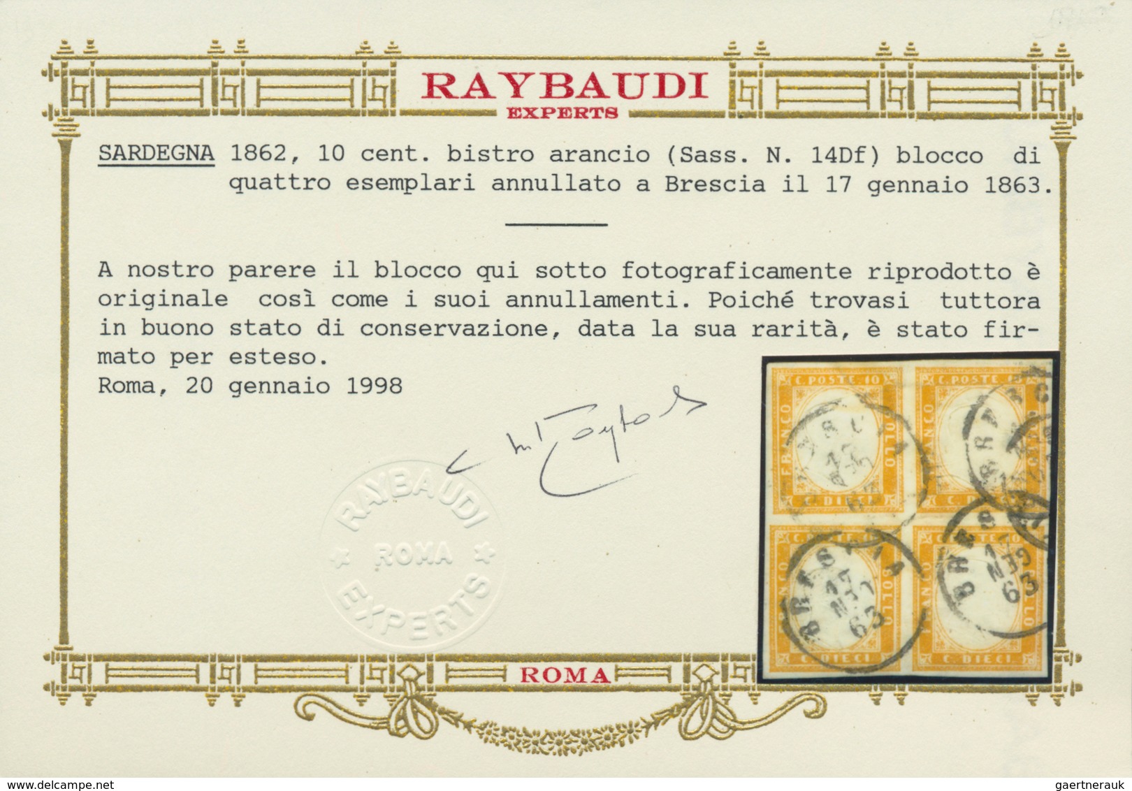 Italien - Altitalienische Staaten: Sardinien: 1862, 10 C Bistre Orange, Block Of 4, Full Margins All - Sardinia