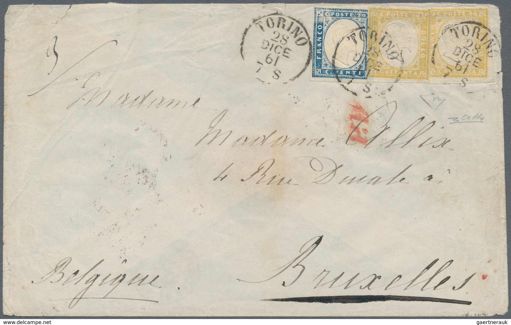 Italien - Altitalienische Staaten: Sardinien: 1861: Letter From Turin To Brussels, Franked For 1,80 - Sardinia