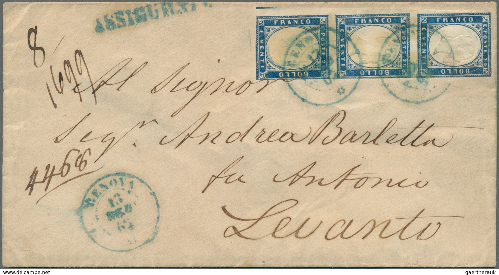 Italien - Altitalienische Staaten: Sardinien: 1861, 20 C Bluish Ultramarine, Vertical Strip Of Three - Sardinia