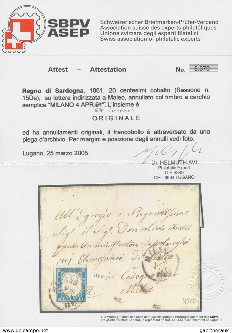 Italien - Altitalienische Staaten: Sardinien: 1861, 20 C Cobalt Blue, Three Full To Large Margins, R - Sardinien