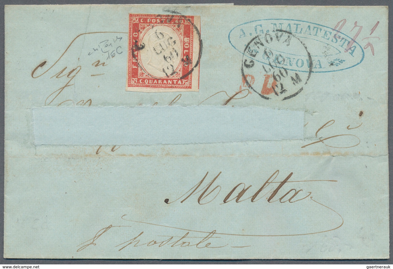Italien - Altitalienische Staaten: Sardinien: 1860, 40 C. Red, Prepaying The Single Letter Rate To M - Sardinia