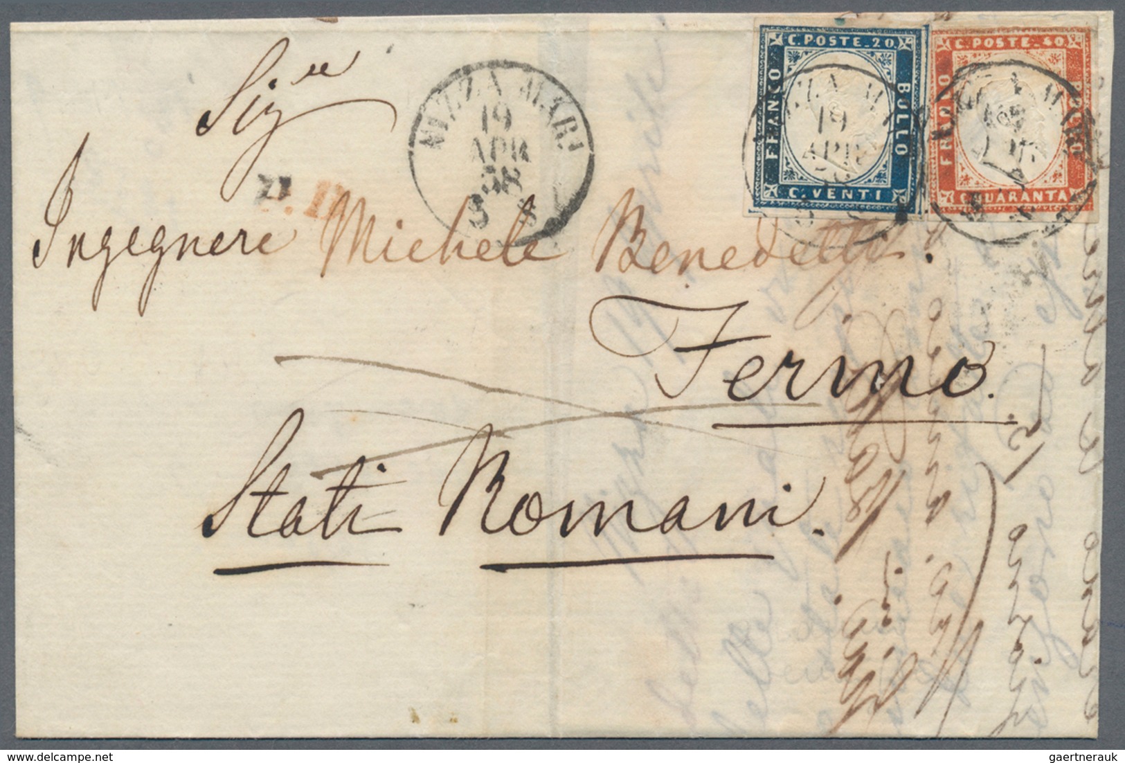 Italien - Altitalienische Staaten: Sardinien: 1858, IV. Emission, 20c Blue And 40 C Red On Letter Fr - Sardinia