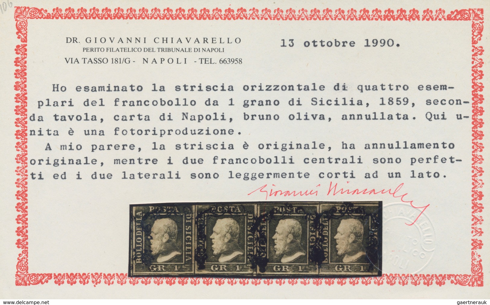 Italien - Altitalienische Staaten: Sizilien: 1859, 1 Gr Brown Olive Stripe Of Four Cancelled With Fo - Sizilien