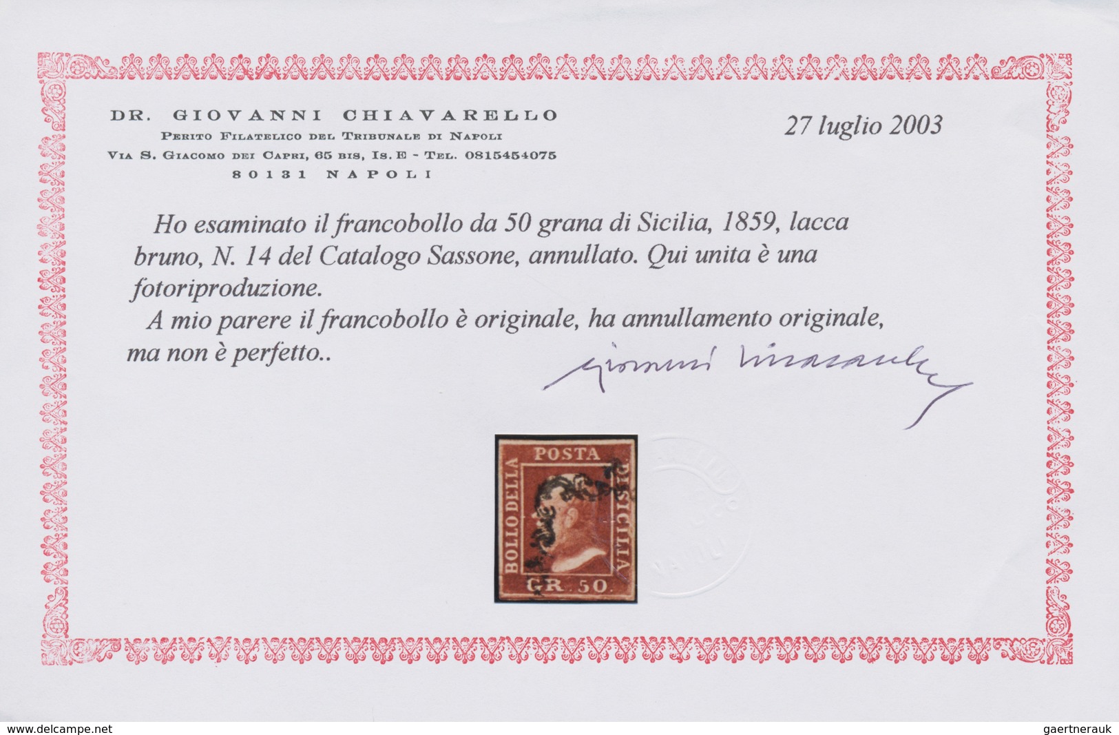 Italien - Altitalienische Staaten: Sizilien: 1859: 50 Grana, Red Brown, Used Well Margined. With Cer - Sicile