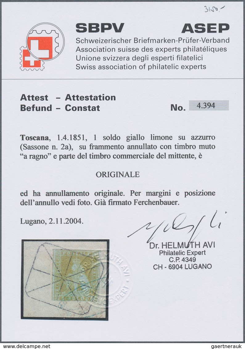 Italien - Altitalienische Staaten: Toscana: 1851, 1 So Lemon On Blue, Three Close To Full Margins, S - Tuscany