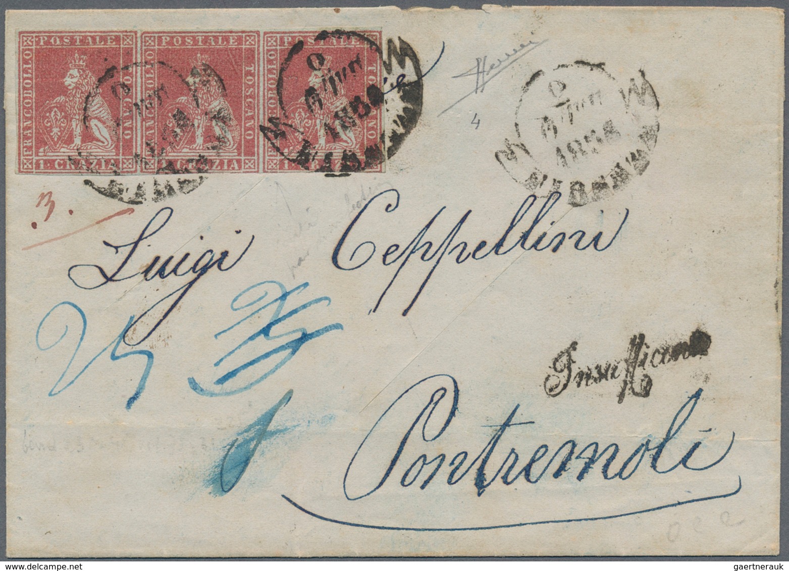 Italien - Altitalienische Staaten: Toscana: 1853, Lion 1 Cr. Carmine, Grey Paper VERTICAL STRIPE OF - Tuscany