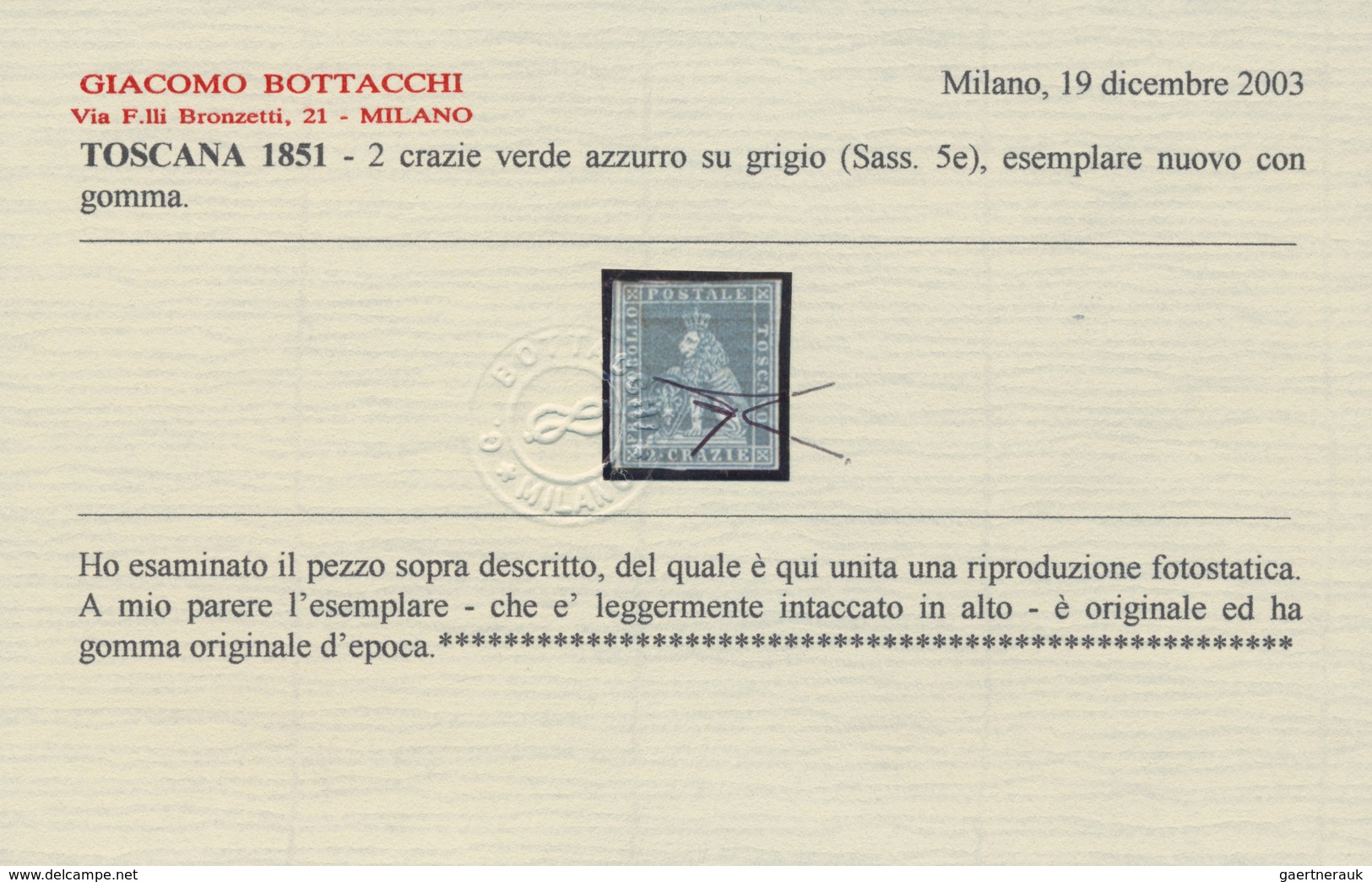 Italien - Altitalienische Staaten: Toscana: 1851, 2 Crazie Green/blue Mint With Rest Of Hinge, Fresh - Toscane