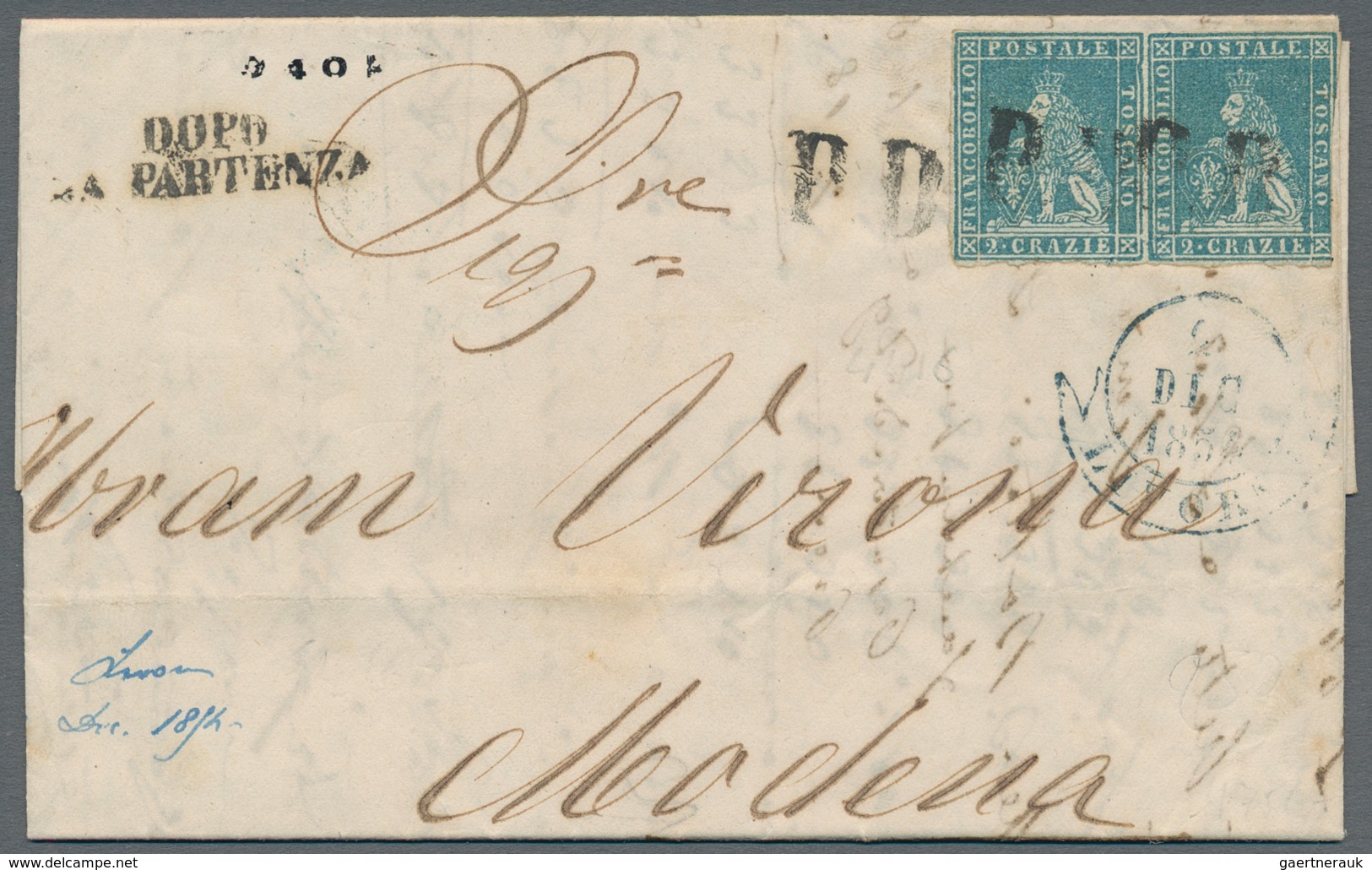 Italien - Altitalienische Staaten: Toscana: 1851. 2 Crazie Blue, Horizontal Pair, Canceld By Black P - Toscane