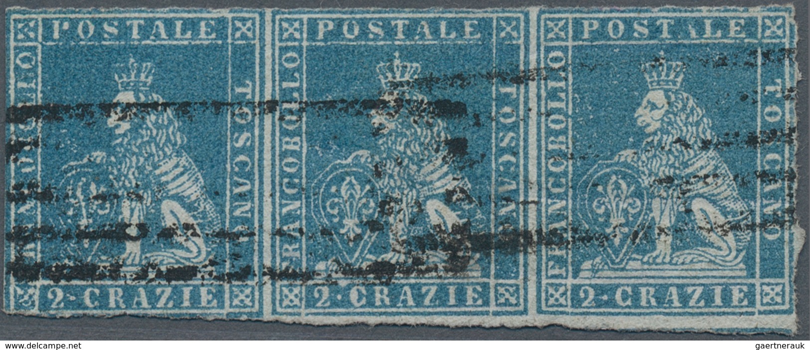 Italien - Altitalienische Staaten: Toscana: 1857, 2cr. Blue On Grey Paper, Horizontal Strip Of Three - Tuscany