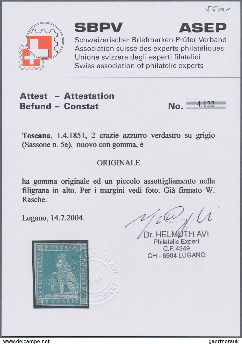 Italien - Altitalienische Staaten: Toscana: 1851, 2cr. Greenish Blue, Fresh Colour, Slightly Cut Int - Tuscany