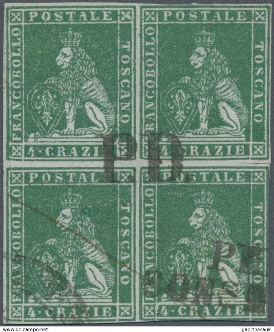 Italien - Altitalienische Staaten: Toscana: 1851, 4 Cr Green On Grey, Used Block Of 4, Fresh Color, - Toscane