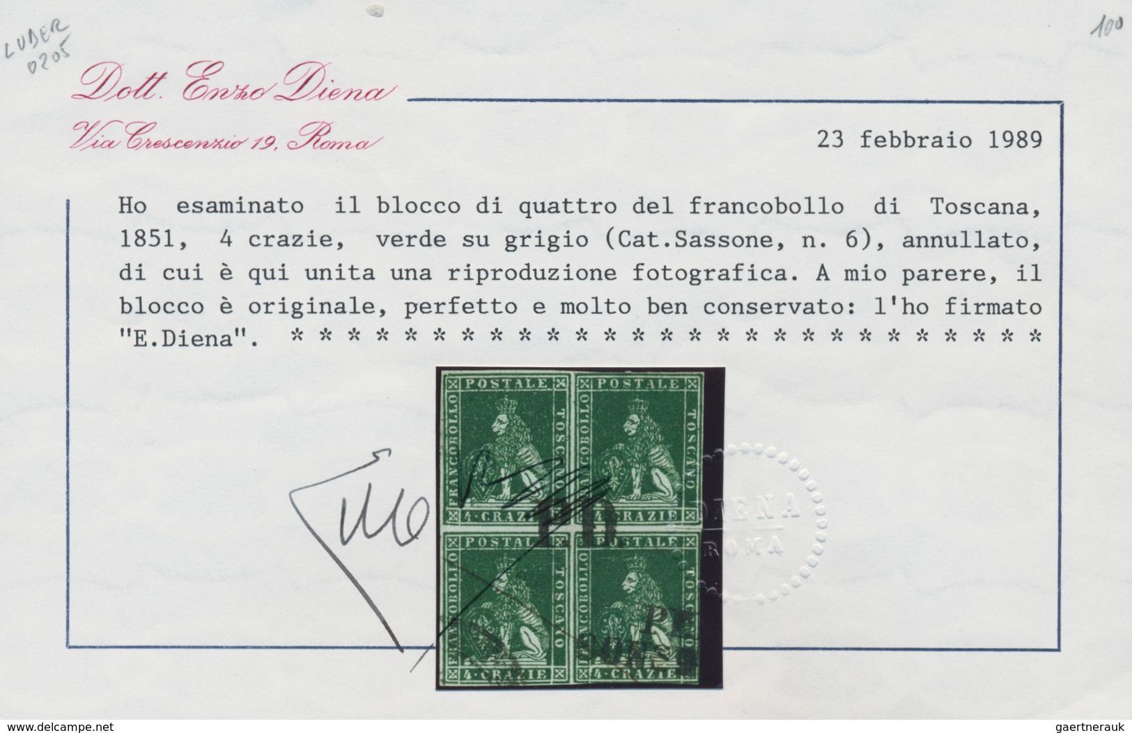 Italien - Altitalienische Staaten: Toscana: 1851, 4 Cr Green On Grey, Used Block Of 4, Fresh Color, - Tuscany