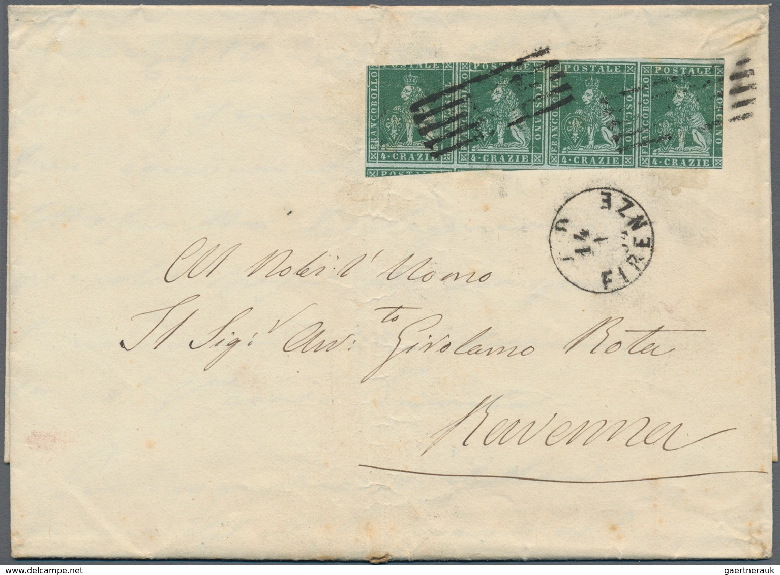 Italien - Altitalienische Staaten: Toscana: 1851, 4 Crazie Green On Gray, Horizontal Strip Of Four O - Toscane