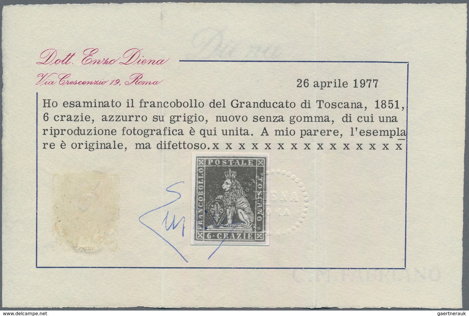 Italien - Altitalienische Staaten: Toscana: 1851, 6cr. Blue On Grey Paper, Fresh Colour, Touched To - Tuscany