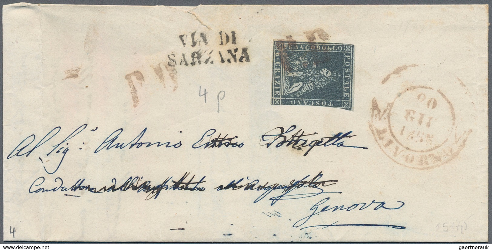 Italien - Altitalienische Staaten: Toscana: 1851, Lion 6 Cr. Blue On Bluish Paper (right Side Cut, O - Toscane