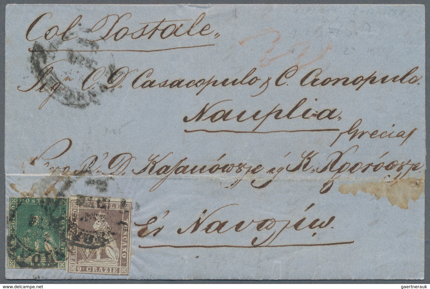 Italien - Altitalienische Staaten: Toscana: 1858. 9 Cr Brown And 4 Cr Green (defective), Tied By LIV - Tuscany