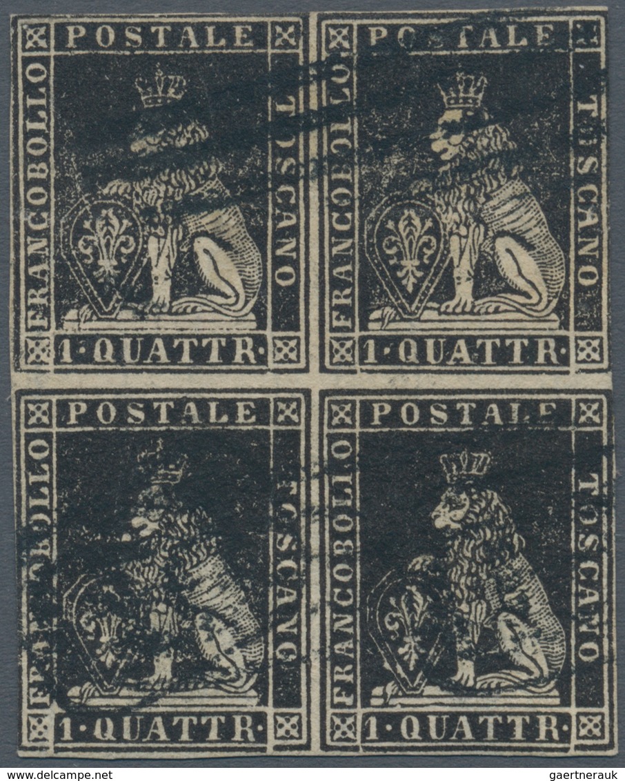 Italien - Altitalienische Staaten: Toscana: 1857, 1 Q., Black, Block Of Four, Used, Slight Crease Th - Toscane