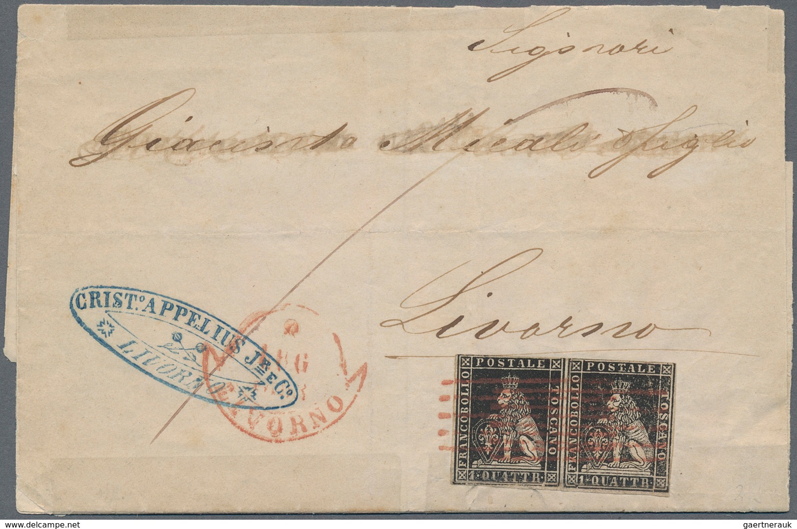 Italien - Altitalienische Staaten: Toscana: 1857, 1 Qu Black, Horizontal Pair, Top Margins Slightly - Toscane