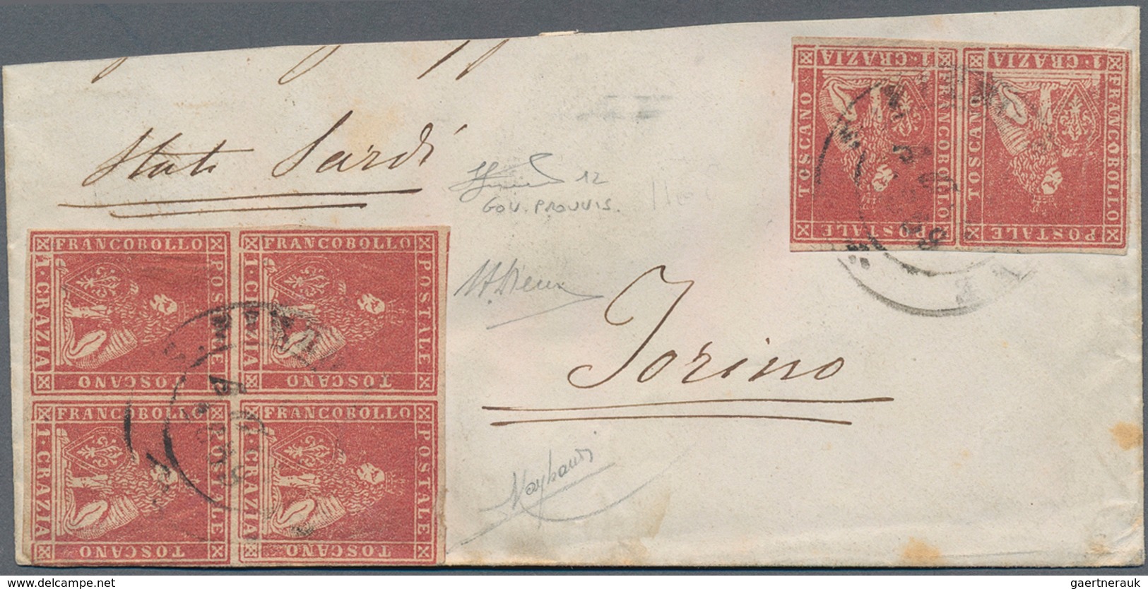 Italien - Altitalienische Staaten: Toscana: 1857: 1 Cr Block Of Four And A Pair On Large Part Of A L - Tuscany