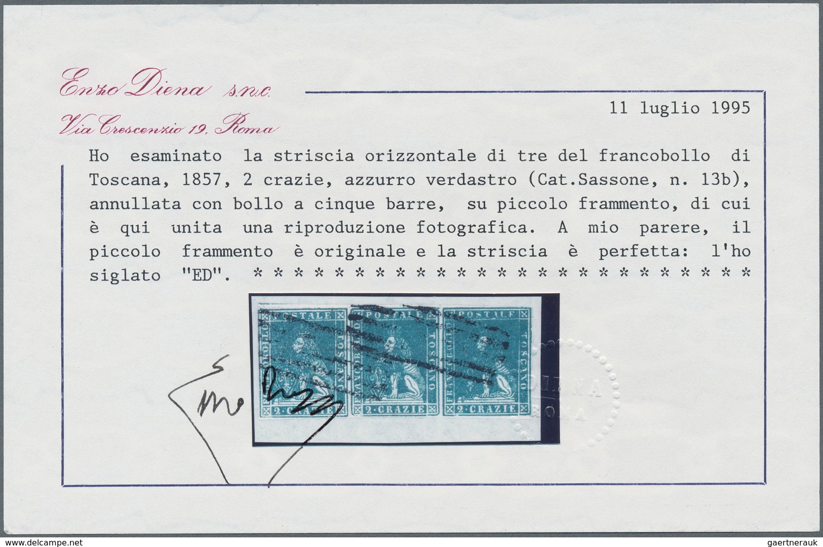 Italien - Altitalienische Staaten: Toscana: 1857, 2 Cr Greenish Blue, Horizontal Strip Of 3, Even To - Toscane