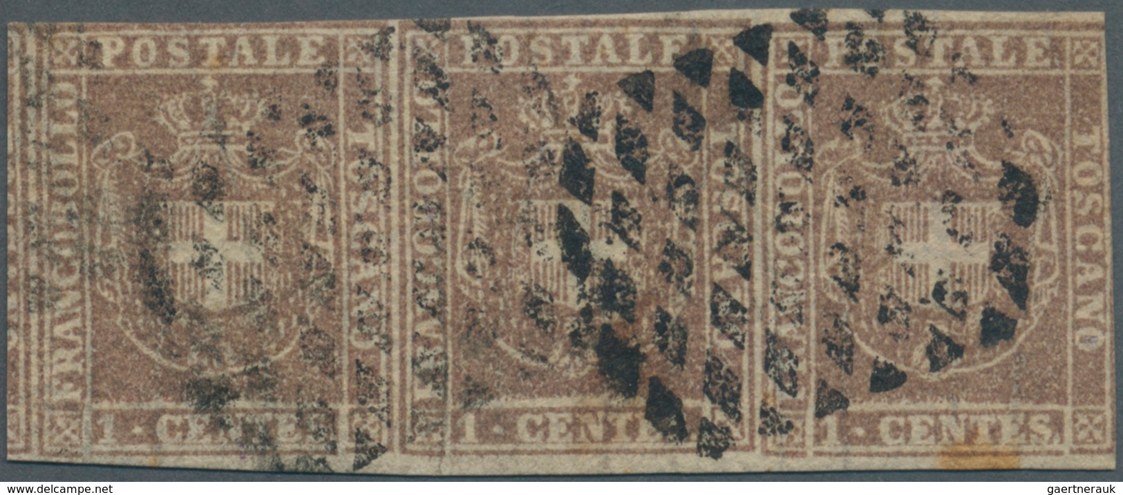 Italien - Altitalienische Staaten: Toscana: 1860, 1 Ct Brown Lilac, Horizontal Strip Of 3, Right Mar - Tuscany