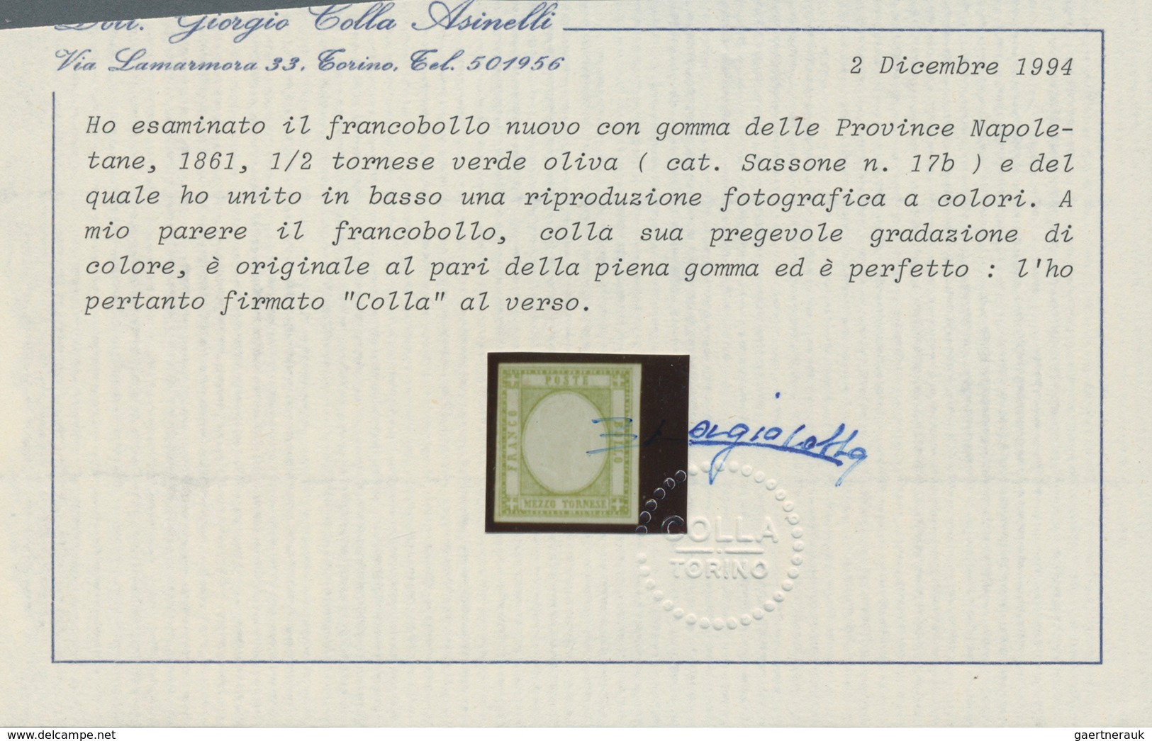 Italien: 1861, 1/2 Tornese Olive Green Mint With Complete Original Gum, All Sides Full Margins, Genu - Mint/hinged