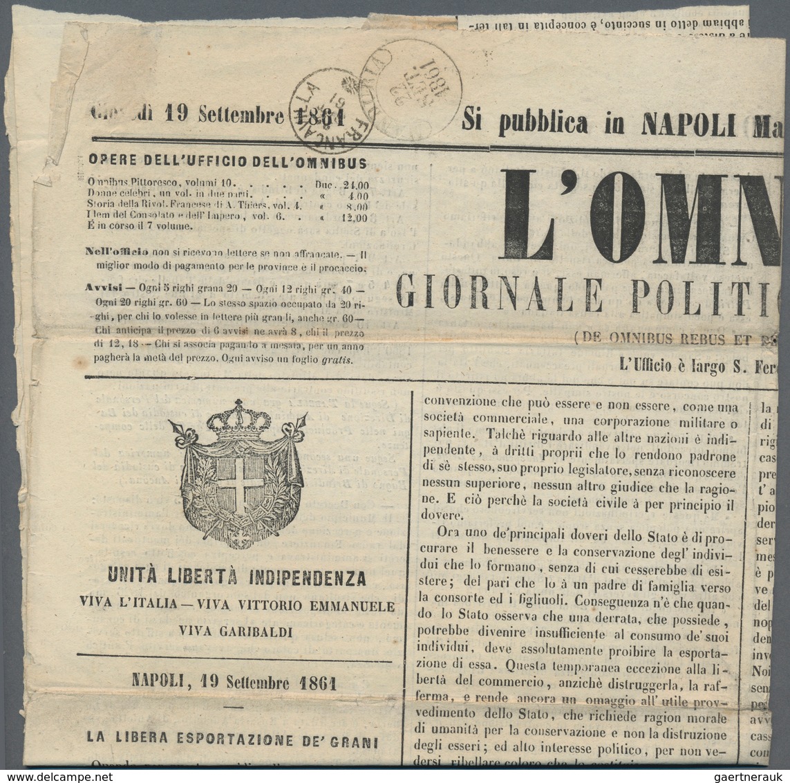 Italien: 1861 Neapel ½ Tor Green, Tied By Cds "NAPOLI 19 SET 61" On Newspaper "L'Omnibus" With B/s A - Neufs