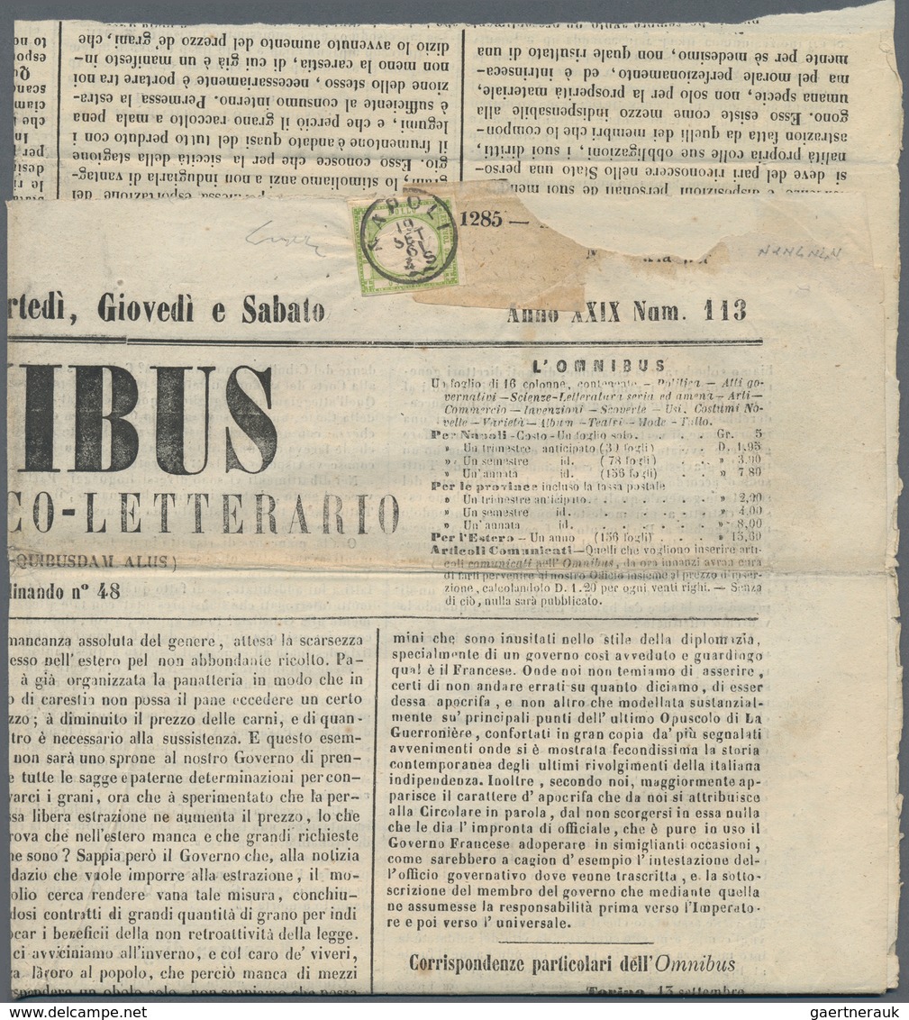 Italien: 1861 Neapel ½ Tor Green, Tied By Cds "NAPOLI 19 SET 61" On Newspaper "L'Omnibus" With B/s A - Neufs