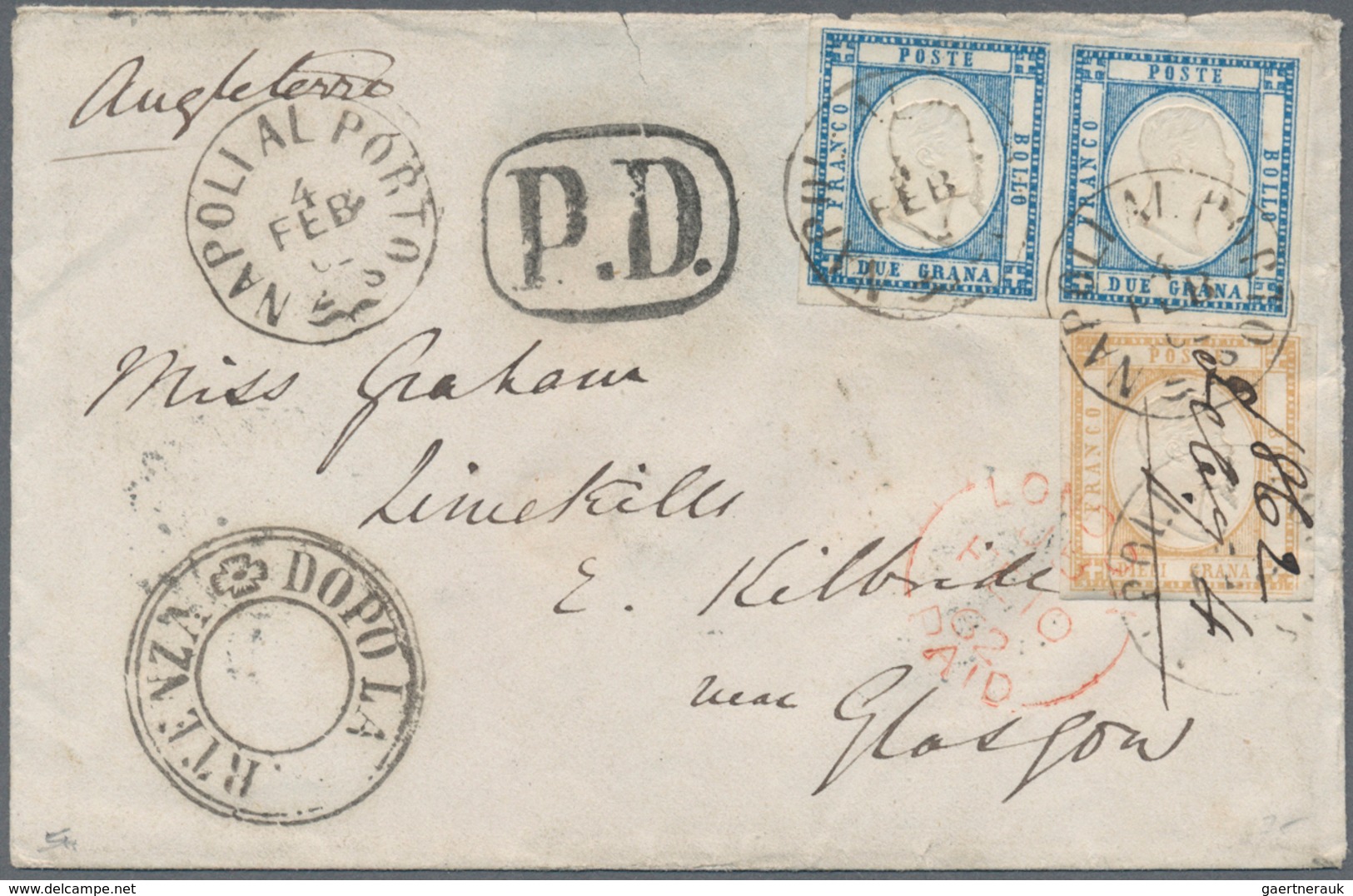 Italien: 1861: Naples Provinces, 10 Gr Bistre And A Pair 2 Gr Blue, Tied By Small Circle "NAPOLI AL - Neufs