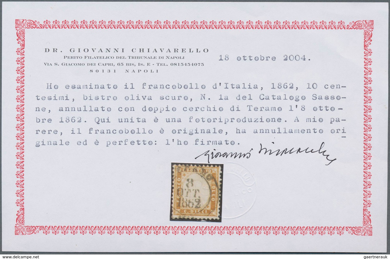 Italien: 1862, 10c. Bistre, Fresh Colour, Well Perforated, Neatly Cancelled "TERAMO 8 OTT 1862", Sig - Mint/hinged