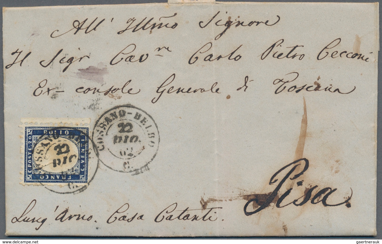 Italien: "COSSANO BELBO C / 22 DIC 1862" (Piemonte, Cuneo, Torino) Cds On 1862 20c Perforated, In Ve - Mint/hinged