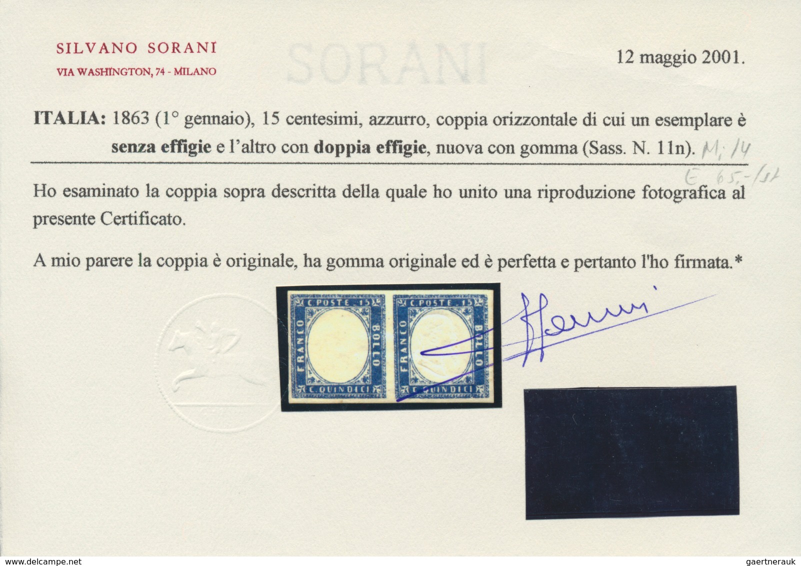 Italien: 1863, 15 C Blue, Horizontal Pair, Full Margins, Left Stamp Without Impression And Right Sta - Neufs