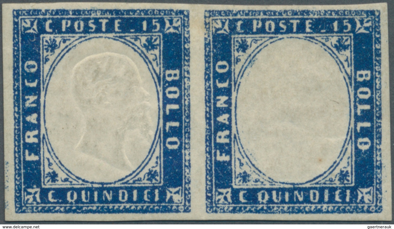Italien: 1863, 15c. Blue, Horizontal Pair, Left Stamp Without Embossing Of King's Head, Unused No Gu - Mint/hinged