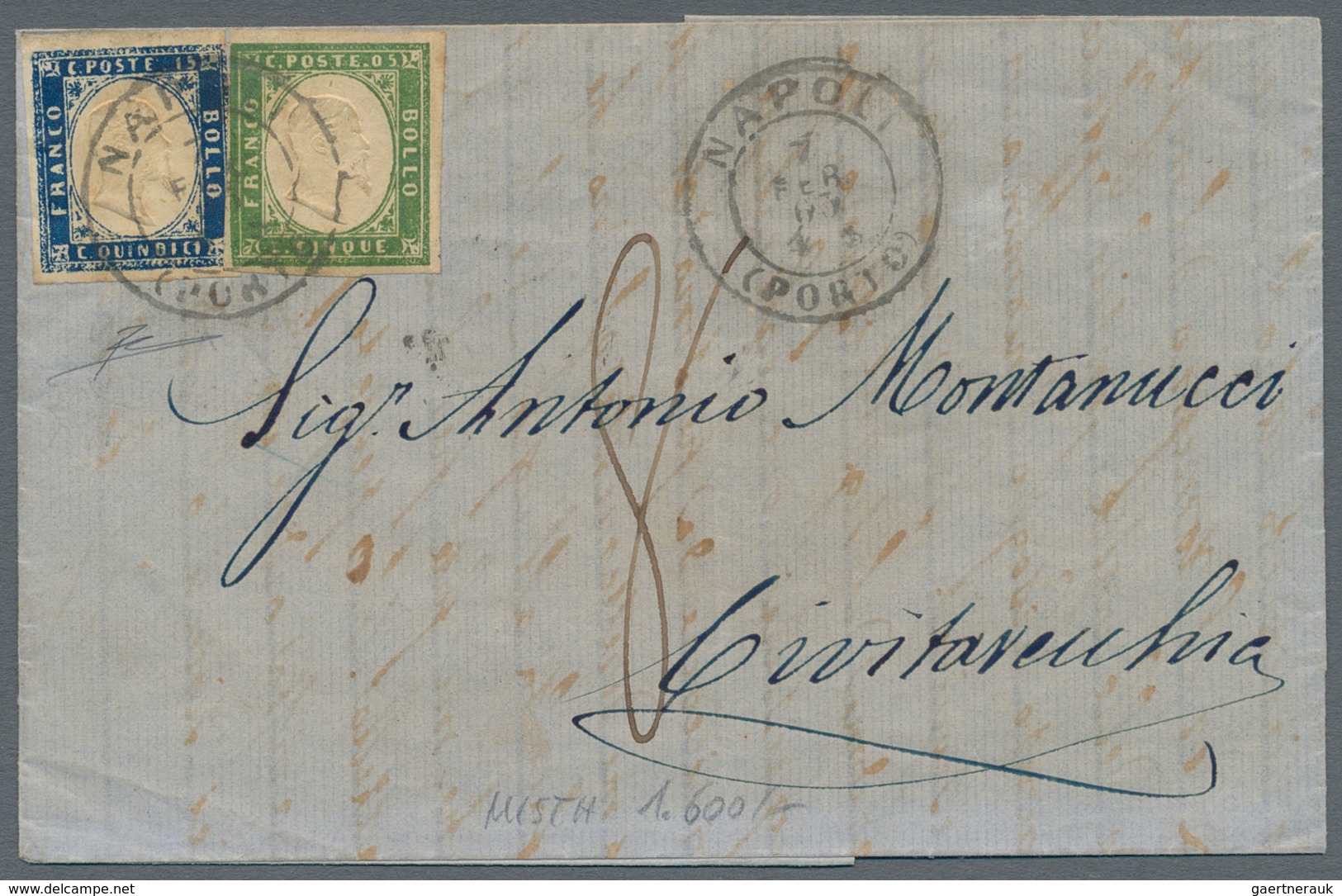 Italien: 1863, 14 C Blue ITALY Together With 5 C Green SARDINIA, Rare MIXED FRANKING, Tied By Double - Neufs