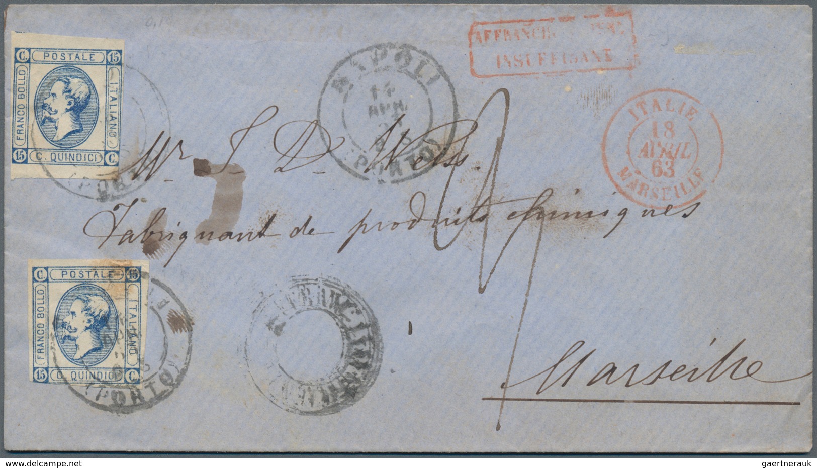 Italien: 1863. Envelope Addressed To France Bearing Italy Yvert 11, 15c Blue (2) Tied By Napoli (Por - Mint/hinged