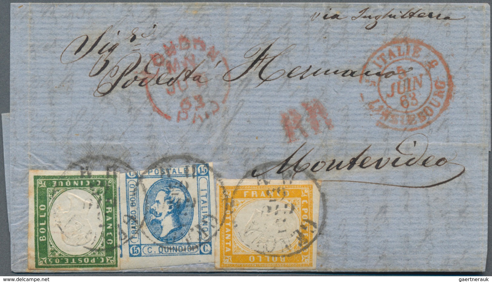 Italien: 1863, Italy, 15 C Blue, Three Margins, Cut At Top, Together With Sardinia 5 C Deep Green An - Neufs